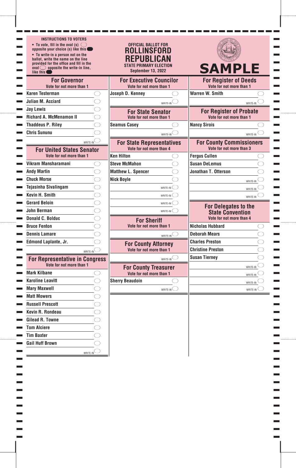 [Sample Rollinsford Primary Ballot 2022]